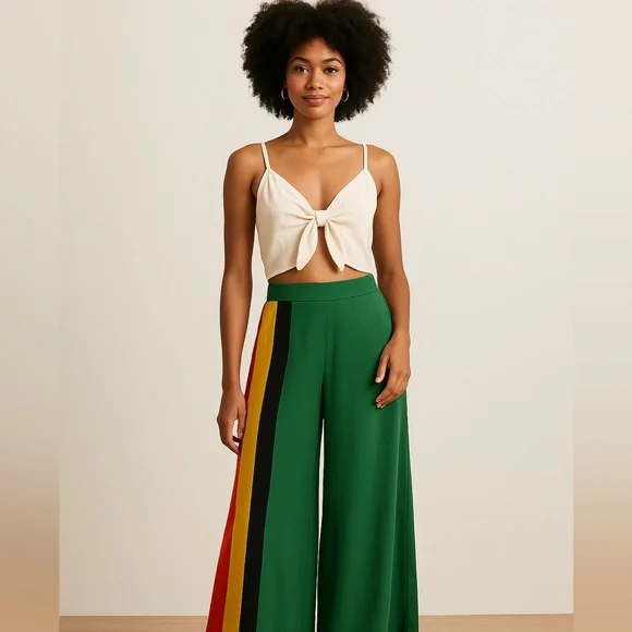 Farm Rio Boho Reggae Festival Striped Green Pink Asymmetrical Cropped Pants G/L - Picture 11 of 13